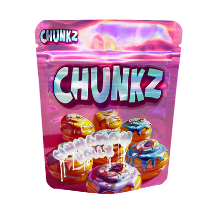 3.5G Mylar Bags, herb Mylar Bags, Where to buy mylar bags, Custom mylar bags near me, Mylar Bags Wholesale. Packaging of Chunkz candy with colorful donut-shaped candies on a white background
