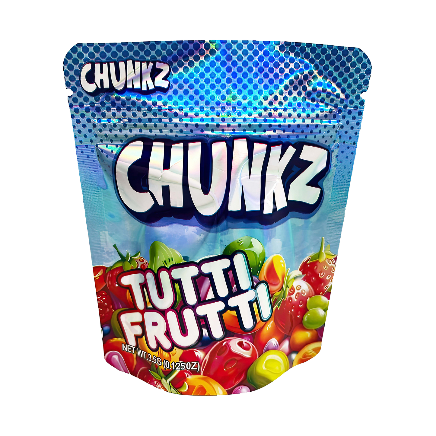 3.5G Mylar Bags, Cannabis Mylar Bags, Where to buy mylar bags, Custom mylar bags near me, Mylar Bags Wholesale. Packaging of Chunkz Tutti Frutti candy on a white background