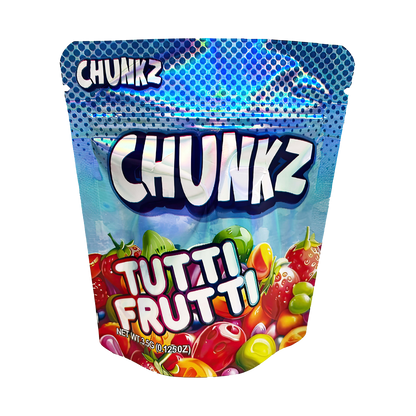 3.5G Mylar Bags, herb Mylar Bags, Where to buy mylar bags, Custom mylar bags near me, Mylar Bags Wholesale. Packaging of Chunkz Tutti Frutti candy on a white background