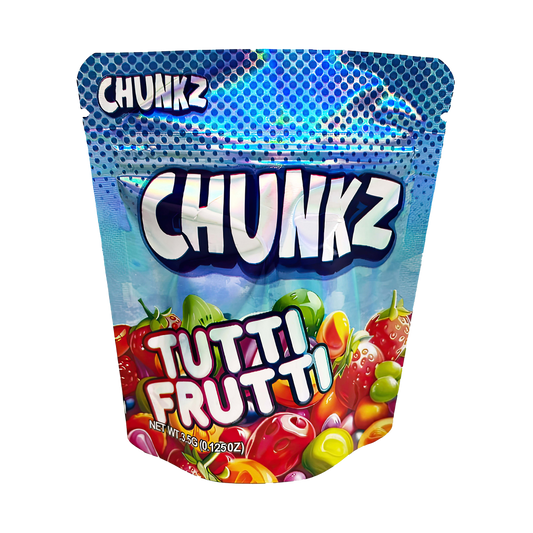 3.5G Mylar Bags, Cannabis Mylar Bags, Where to buy mylar bags, Custom mylar bags near me, Mylar Bags Wholesale. Packaging of Chunkz Tutti Frutti candy on a white background