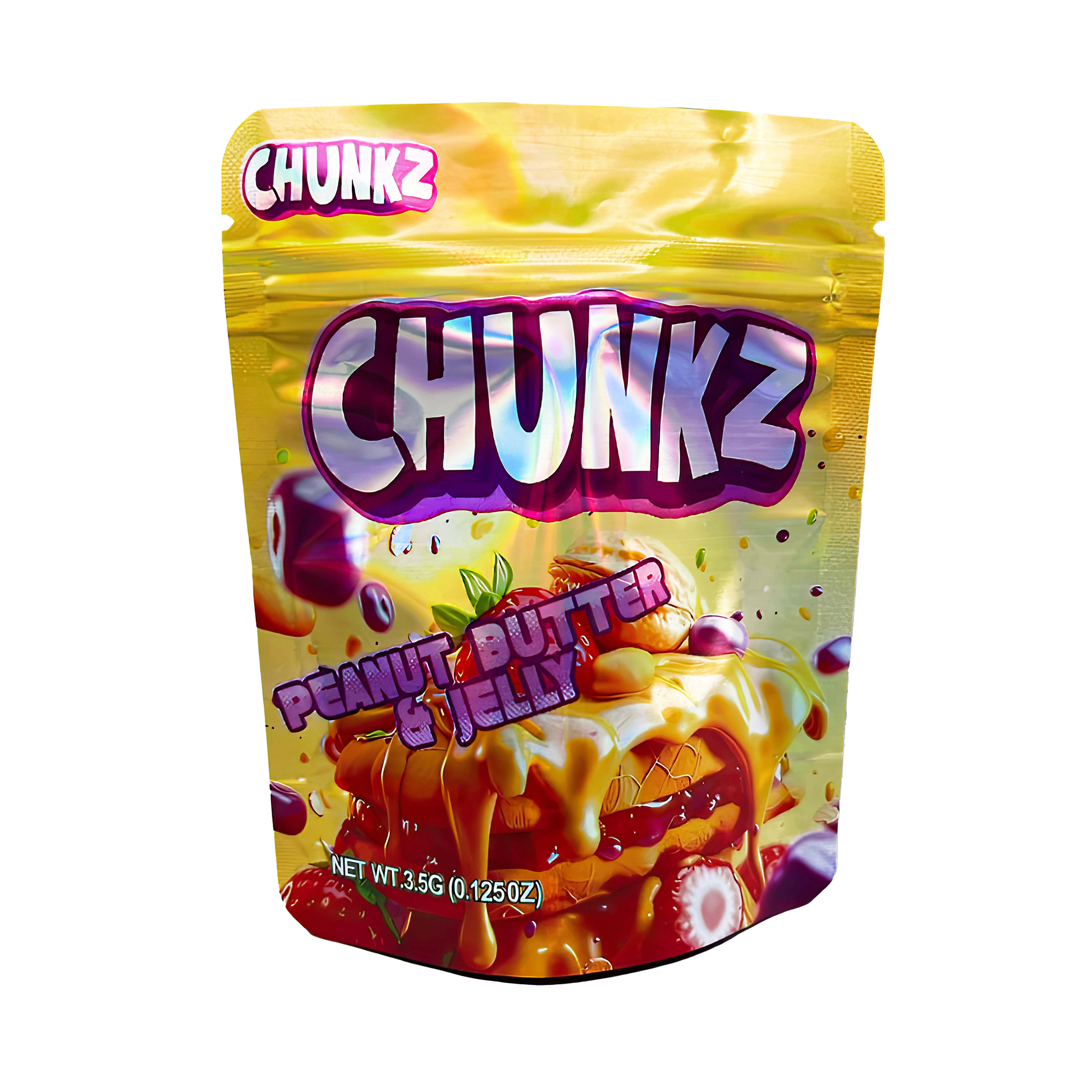 3.5G Mylar Bags, Cannabis Mylar Bags, Where to buy mylar bags, Custom mylar bags near me, Mylar Bags Wholesale. Packaging of Chunkz Peanut Butter & Jelly snack on a white background