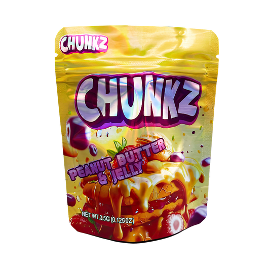3.5G Mylar Bags, Cannabis Mylar Bags, Where to buy mylar bags, Custom mylar bags near me, Mylar Bags Wholesale. Packaging of Chunkz Peanut Butter & Jelly snack on a white background