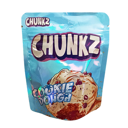 3.5G Mylar Bags, herb Mylar Bags, Where to buy mylar bags, Custom mylar bags near me, Mylar Bags Wholesale. Packaging of Chunkz Cookie Dough with a blue background