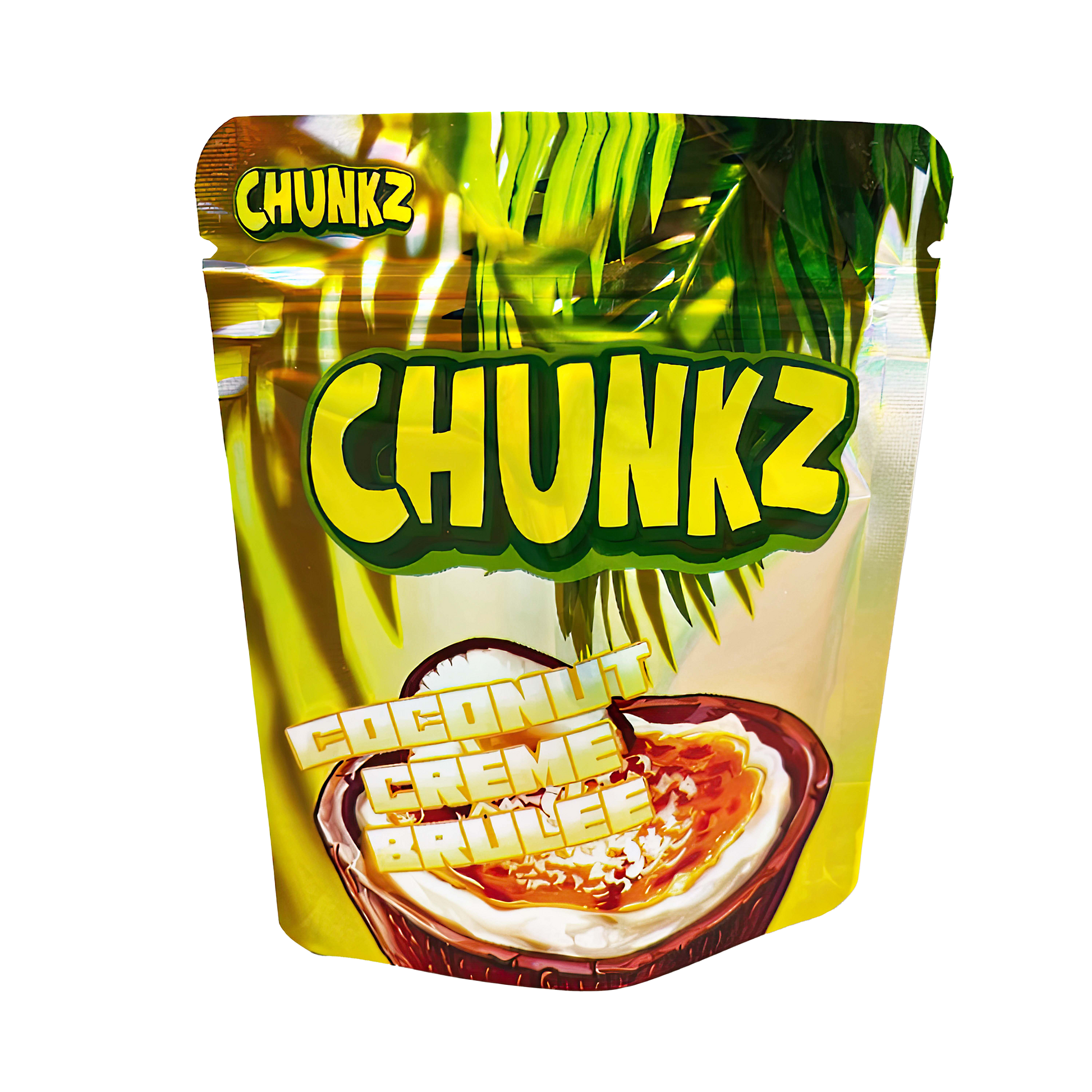 3.5G Mylar Bags, Cannabis Mylar Bags, Where to buy mylar bags, Custom mylar bags near me, Mylar Bags Wholesale. Packaging of Chunkz Coconut Creme Brulee flavor with tropical leaf design