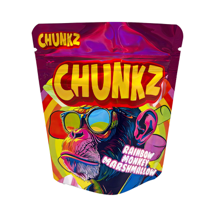 3.5G Mylar Bags, herb Mylar Bags, Where to buy mylar bags, Custom mylar bags near me, Mylar Bags Wholesale. Colorful packaging of Chunkz Rainbow Monkey Marshmallow on a white background