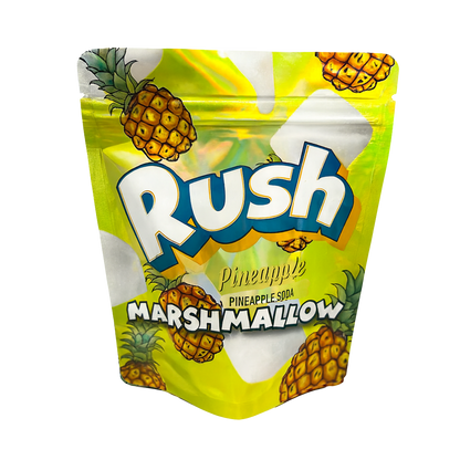 Mylar Bags Packaged marshmallows with 'Rush' branding and pineapple graphics on a white background