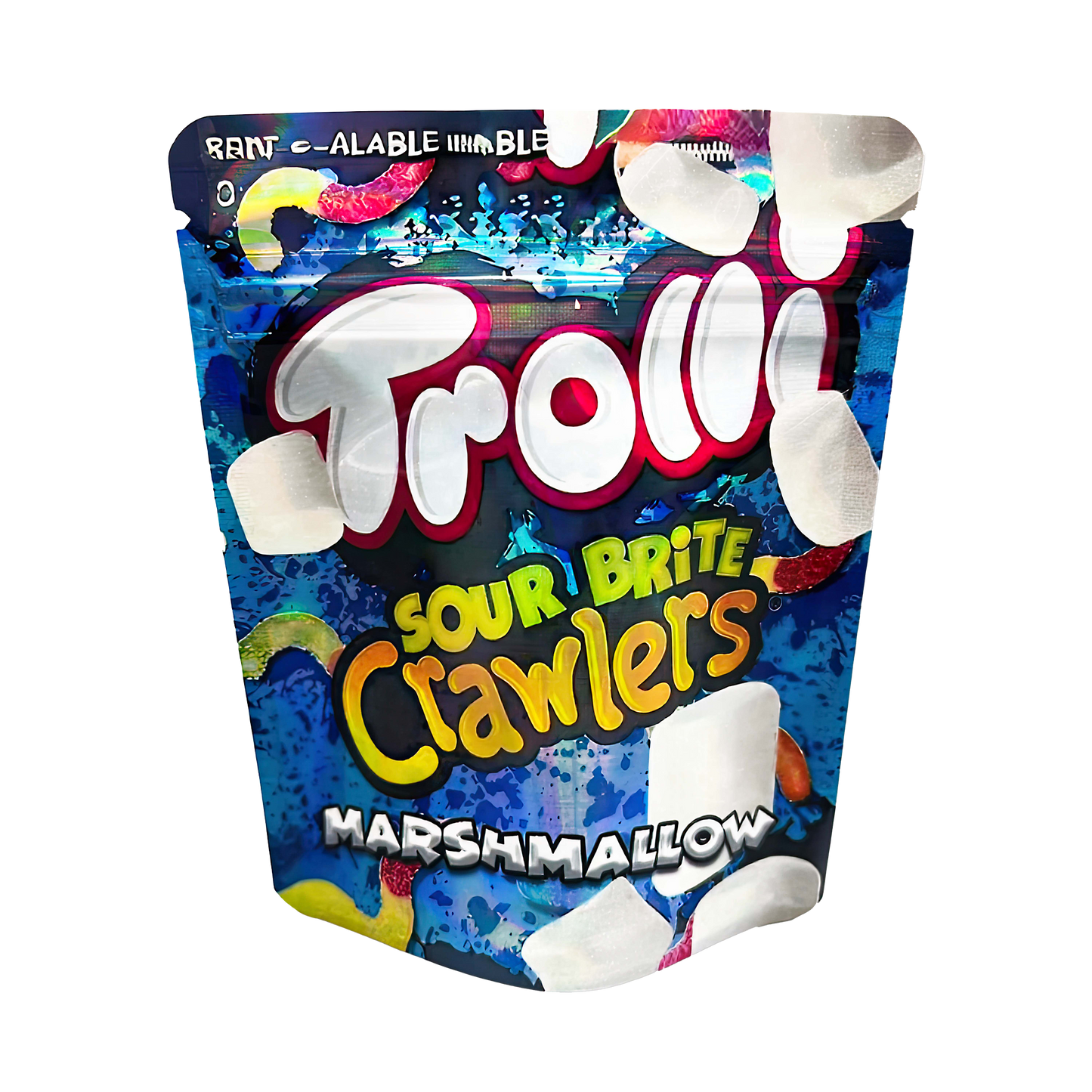 3.5G Mylar Bags, Cannabis Mylar Bags, Where to buy mylar bags, Custom mylar bags near me, Mylar Bags Wholesale. Trolli Sour Brite Crawlers Marshmallow package on a white background