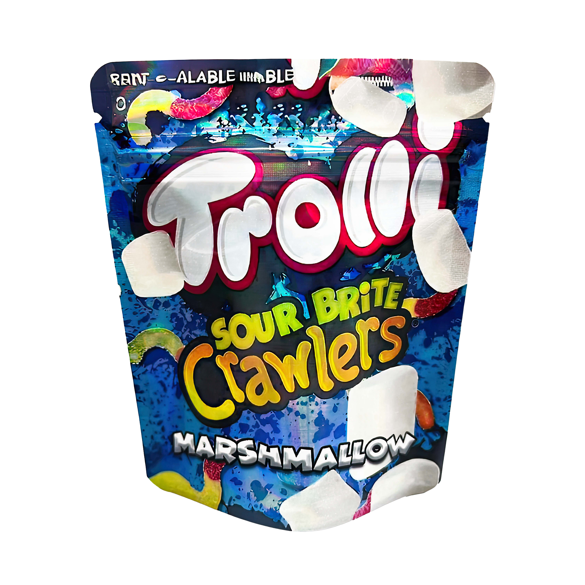 3.5G Mylar Bags, Cannabis Mylar Bags, Where to buy mylar bags, Custom mylar bags near me, Mylar Bags Wholesale. Trolli Sour Brite Crawlers Marshmallow package on a white background