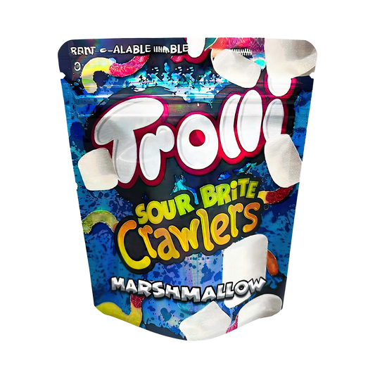 3.5G Mylar Bags, Cannabis Mylar Bags, Where to buy mylar bags, Custom mylar bags near me, Mylar Bags Wholesale. Trolli Sour Brite Crawlers Marshmallow package on a white background