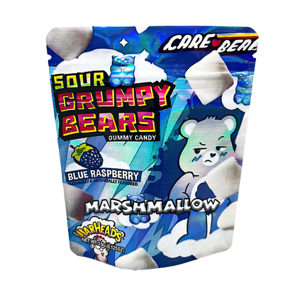 3.5G Mylar Bags, herb Mylar Bags, Where to buy mylar bags, Custom mylar bags near me, Mylar Bags Wholesale. Packaging of Sour Grumpy Bears gummy candy with blue raspberry flavor, featuring Care Bears branding.