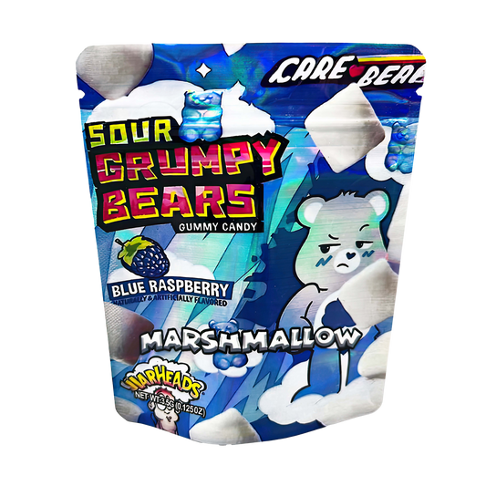 3.5G Mylar Bags, Cannabis Mylar Bags, Where to buy mylar bags, Custom mylar bags near me, Mylar Bags Wholesale. Packaging of Sour Grumpy Bears gummy candy with blue raspberry flavor, featuring Care Bears branding.