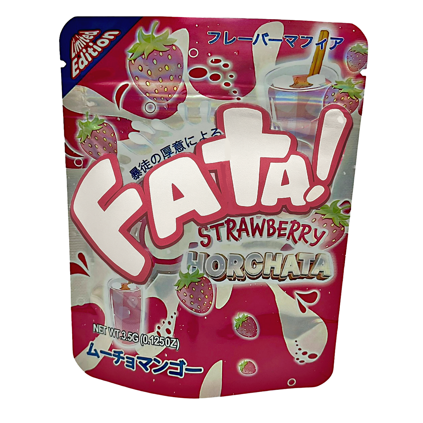 Mylar Bags Premium cannabis flower packaging of ‘Fata Strawberry Horchata’ with a pink and white exotic design on a black background.