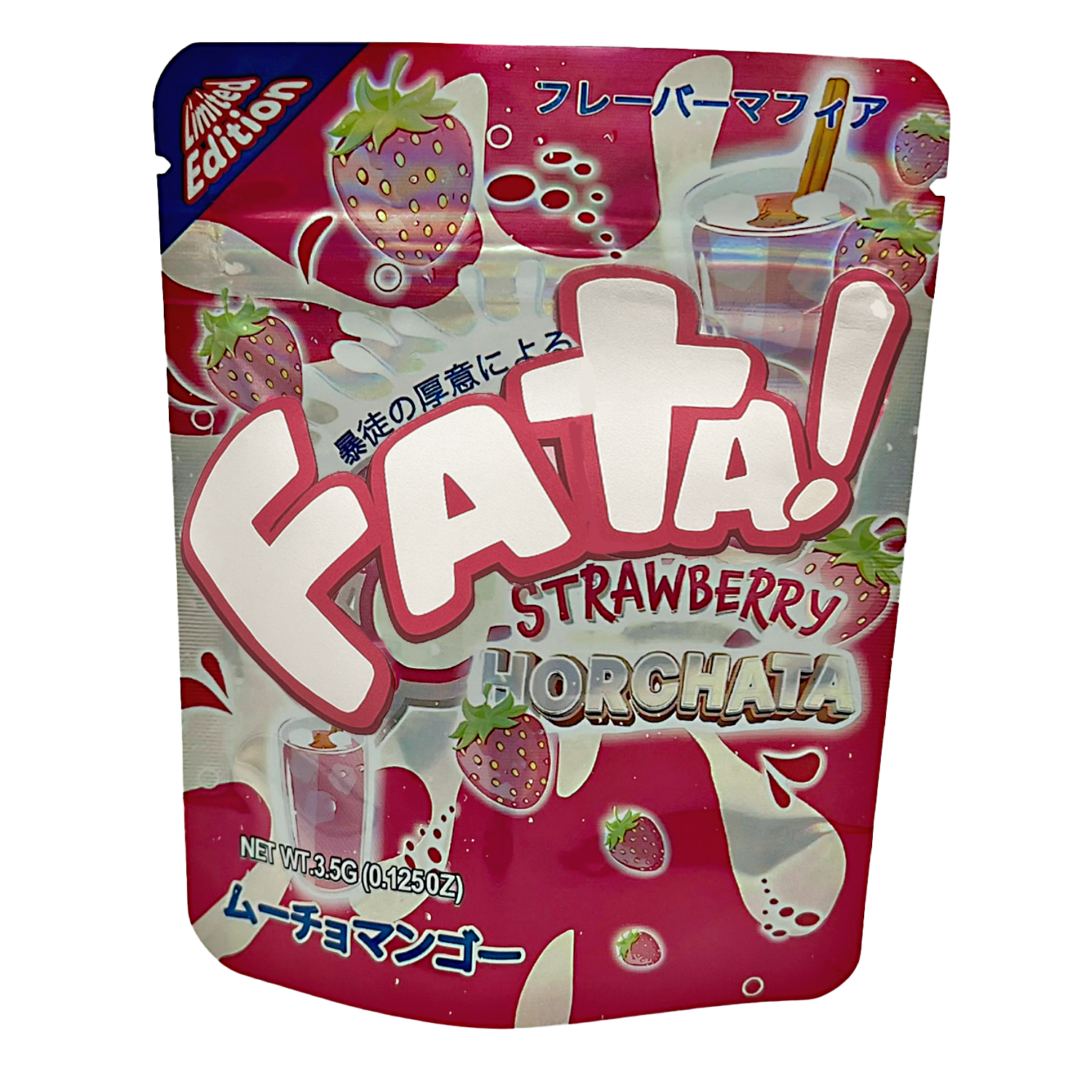 Mylar Bags Premium cannabis flower packaging of ‘Fata Strawberry Horchata’ with a pink and white exotic design on a black background.