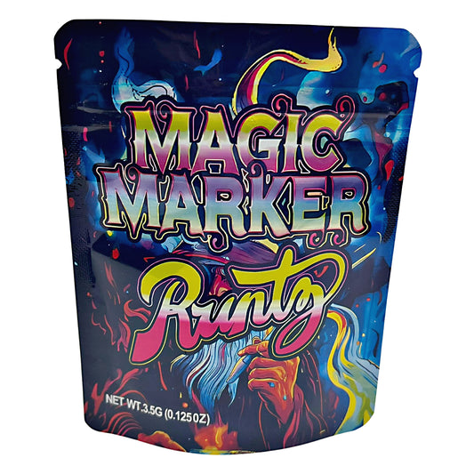 3.5G Mylar Bags, Cannabis Mylar Bags, Where to buy mylar bags, Custom mylar bags near me, Mylar Bags Wholesale. Colorful packaging of Magic Marker Runts with vibrant text and abstract designs.