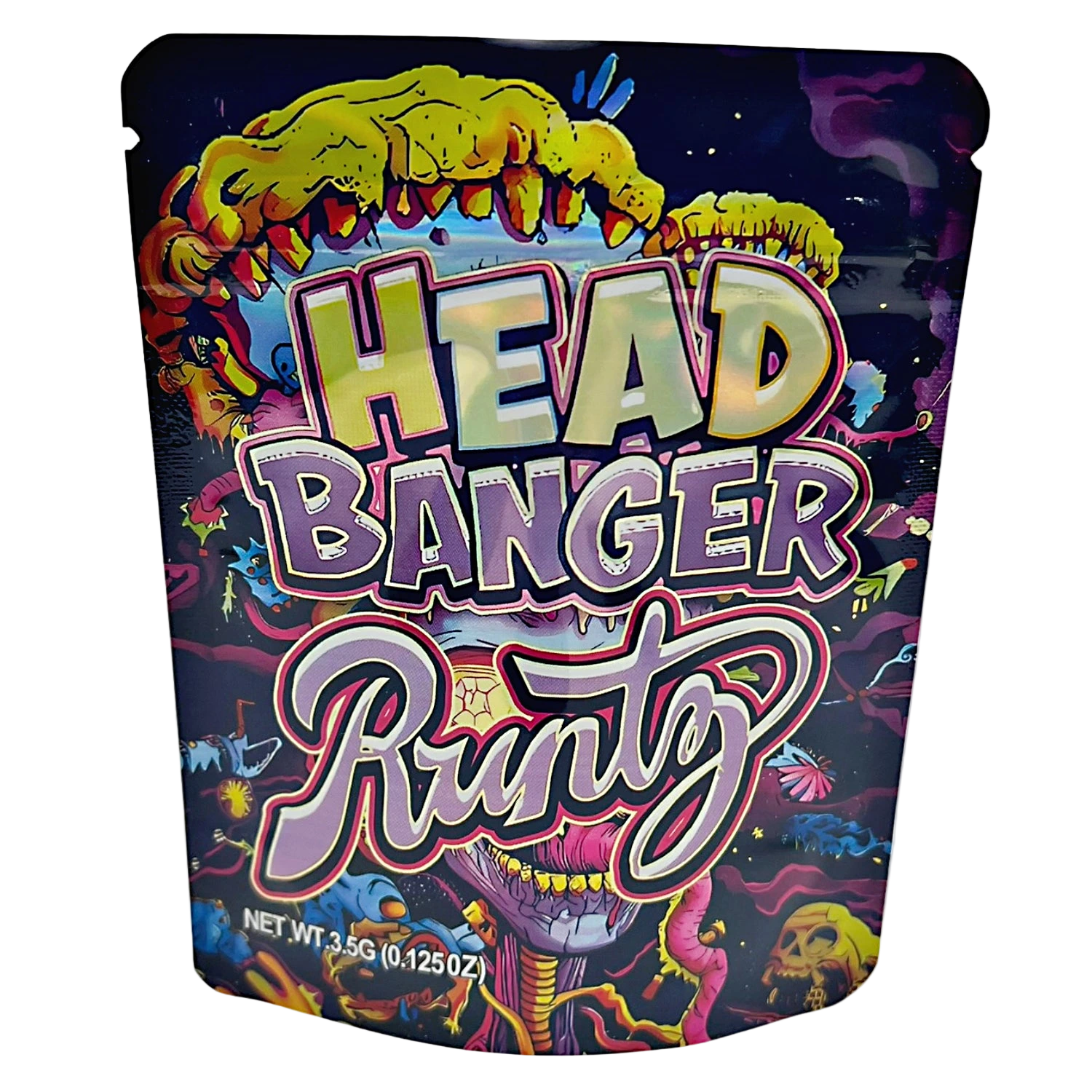 3.5G Mylar Bags, Cannabis Mylar Bags, Where to buy mylar bags, Custom mylar bags near me, Mylar Bags Wholesale. Colorful packaging of 'Head Banger Runtz' with vibrant text and graphics on a dark background.