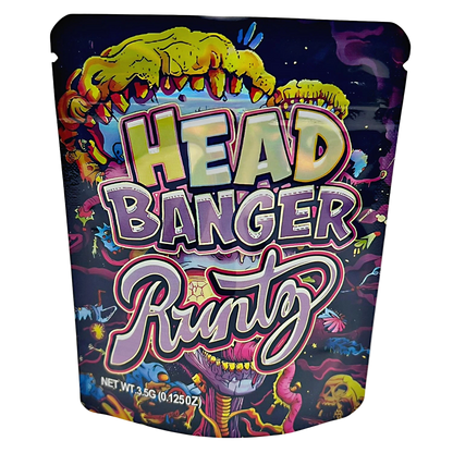 3.5G Mylar Bags, herb Mylar Bags, Where to buy mylar bags, Custom mylar bags near me, Mylar Bags Wholesale. Colorful packaging of 'Head Banger Runtz' with vibrant text and graphics on a dark background.