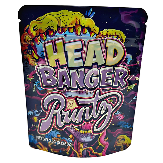 3.5G Mylar Bags, Cannabis Mylar Bags, Where to buy mylar bags, Custom mylar bags near me, Mylar Bags Wholesale. Colorful packaging of 'Head Banger Runtz' with vibrant text and graphics on a dark background.