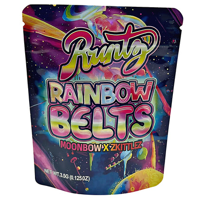 3.5G Mylar Bags, herb Mylar Bags, Where to buy mylar bags, Custom mylar bags near me, Mylar Bags Wholesale. Colorful packaging of Runtz Rainbow Belts with space-themed design