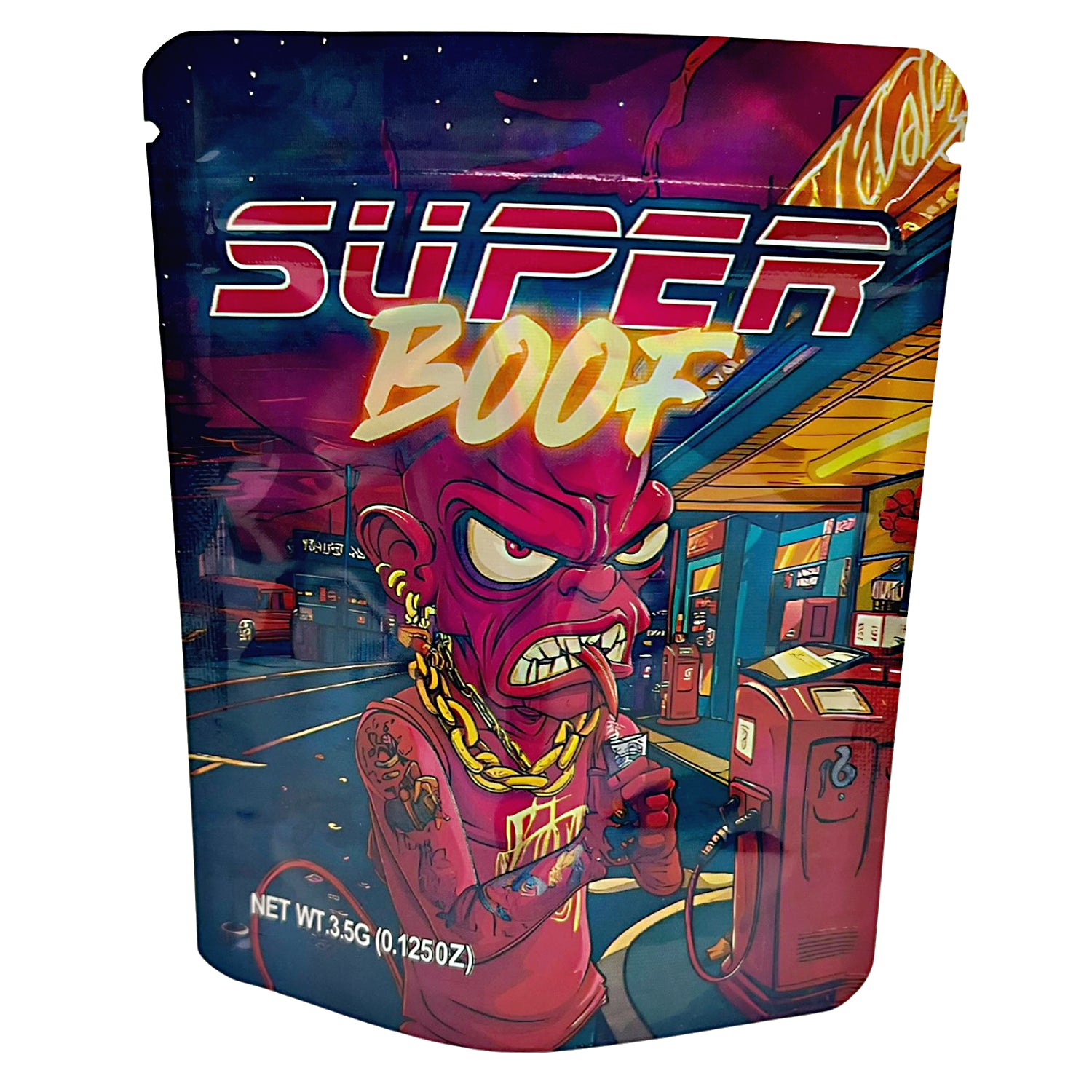 3.5G Mylar Bags, Cannabis Mylar Bags, Where to buy mylar bags, Custom mylar bags near me, Mylar Bags Wholesale. Product packaging with a cartoon character and 'Super Boof' text on a colorful background