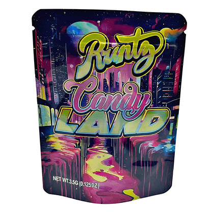 3.5G Mylar Bags, herb Mylar Bags, Where to buy mylar bags, Custom mylar bags near me, Mylar Bags Wholesale. Colorful packaging of Runtz Candy Land with a cityscape design on a white background