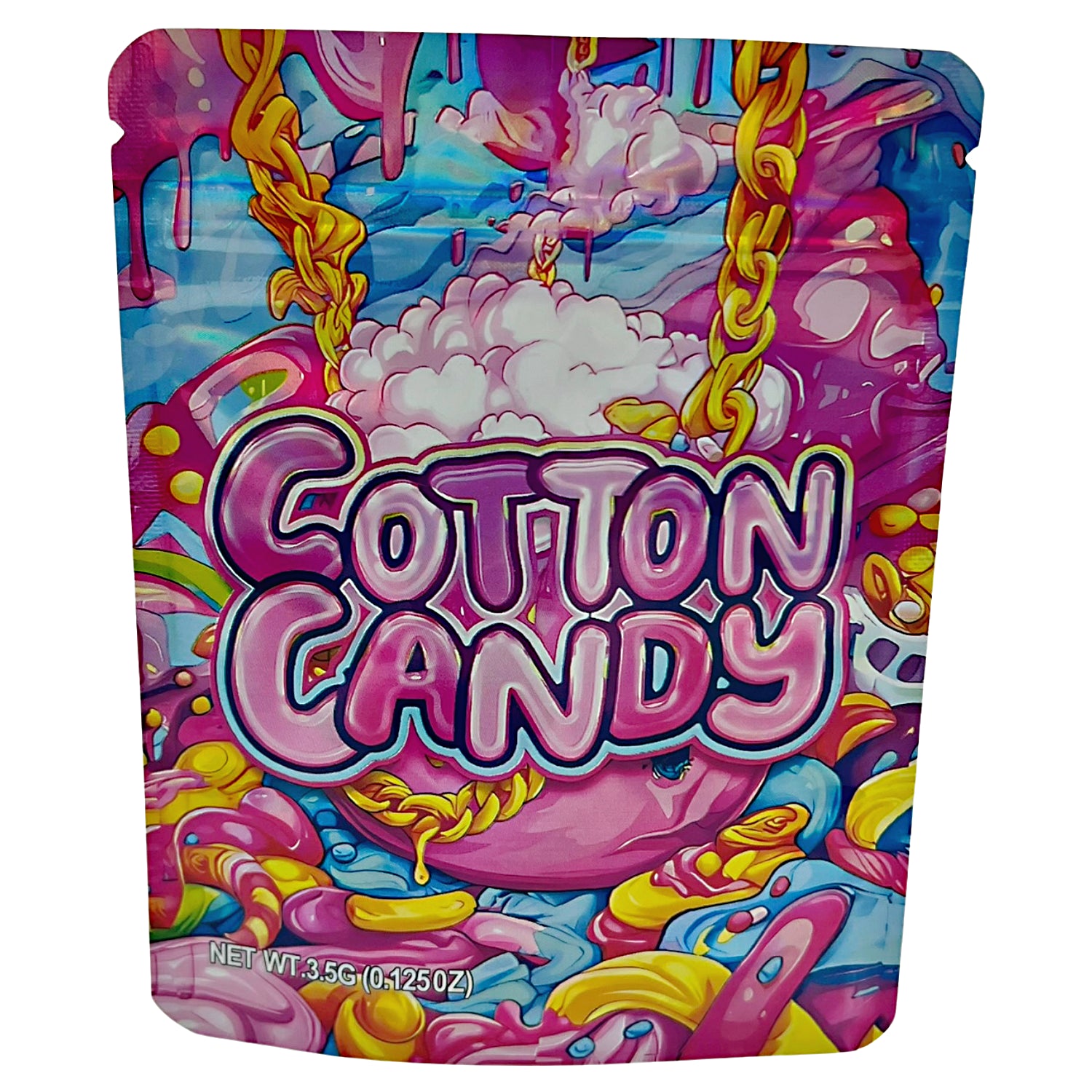 3.5G Mylar Bags, Cannabis Mylar Bags, Where to buy mylar bags, Custom mylar bags near me, Mylar Bags Wholesale. Colorful packaging of Cotton Candy with vibrant graphics on a white background