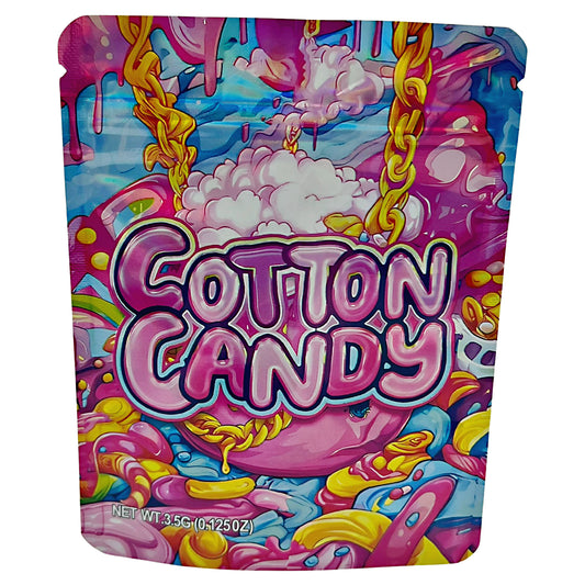 3.5G Mylar Bags, Cannabis Mylar Bags, Where to buy mylar bags, Custom mylar bags near me, Mylar Bags Wholesale. Colorful packaging of Cotton Candy with vibrant graphics on a white background
