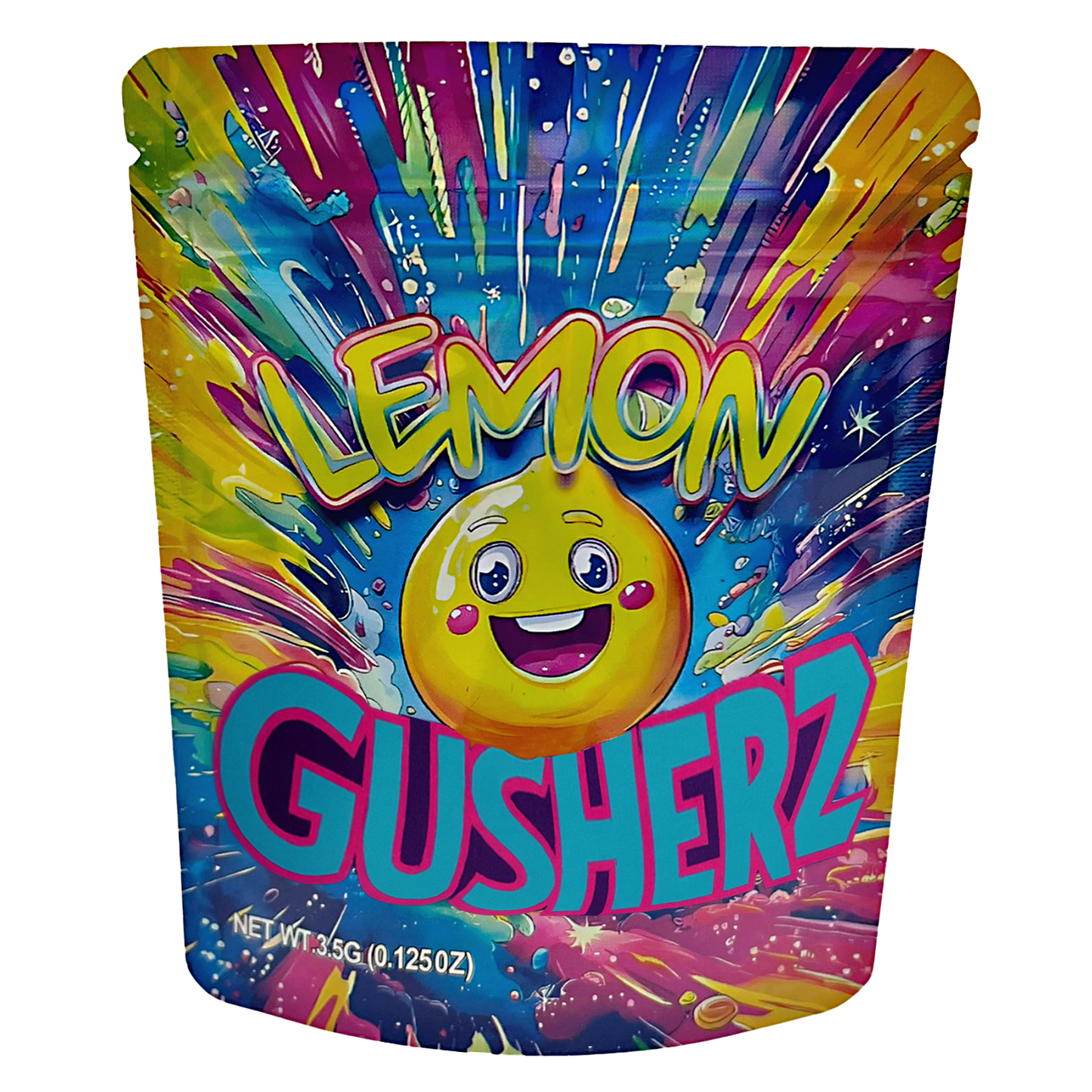 Mylar Bags Colorful packaging of Lemon Gusherz with a lemon character on a white background