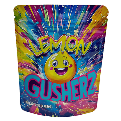Mylar Bags Colorful packaging of Lemon Gusherz with a lemon character on a white background