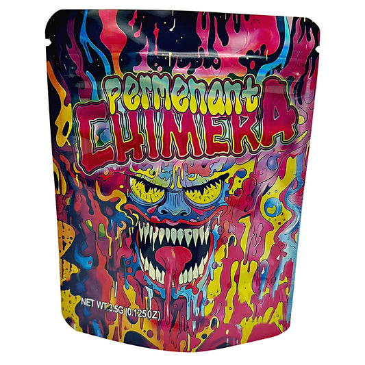 3.5G Mylar Bags, Cannabis Mylar Bags, Where to buy mylar bags, Custom mylar bags near me, Mylar Bags Wholesale. Colorful packaging with a graphic design of a face and the text 'Permenant Chimera' on a white background.