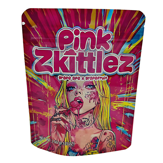 3.5G Mylar Bags, Cannabis Mylar Bags, Where to buy mylar bags, Custom mylar bags near me, Mylar Bags Wholesale. Colorful packaging of Pink Zkittlez with a stylized woman's face and vibrant design.