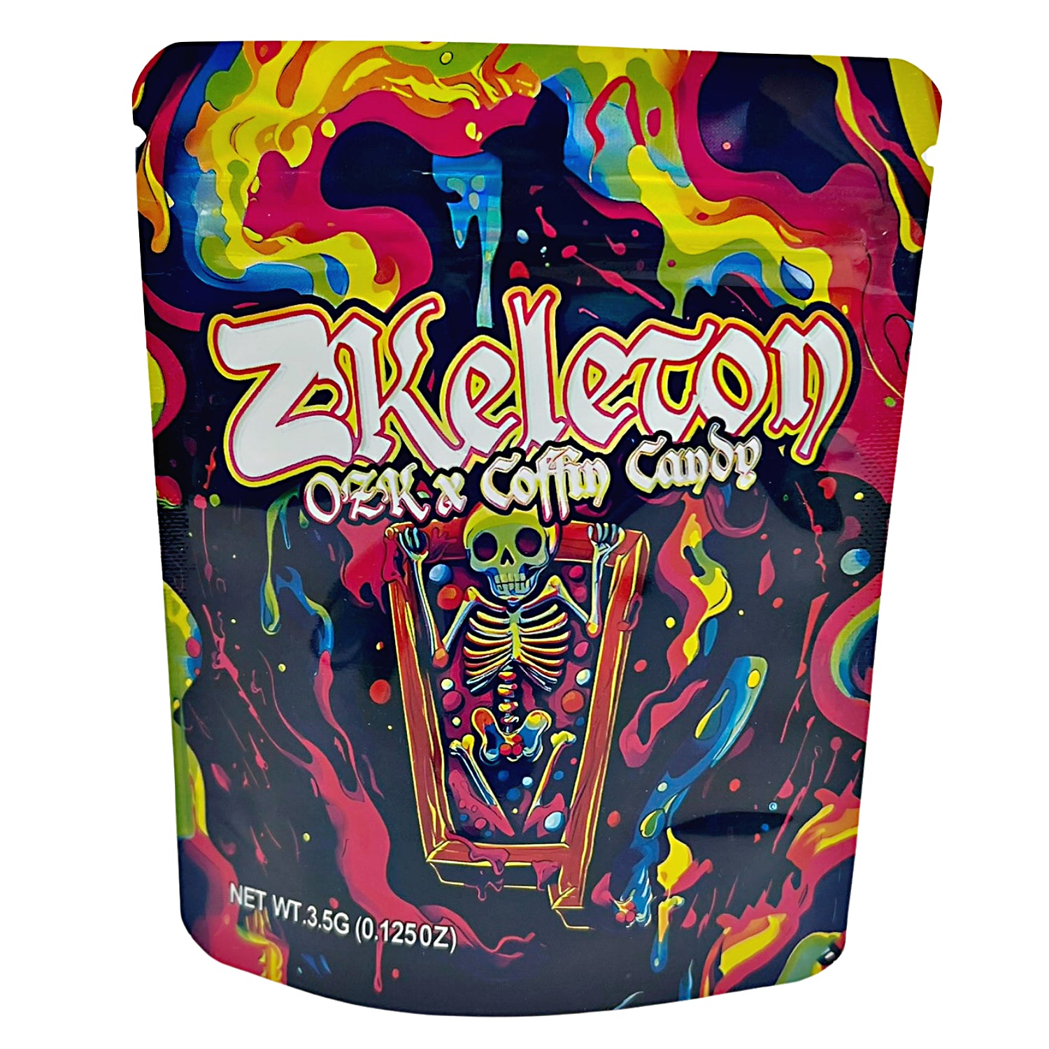 3.5G Mylar Bags, Cannabis Mylar Bags, Where to buy mylar bags, Custom mylar bags near me, Mylar Bags Wholesale. Colorful packaging of Z Skeleton Ozk Coffin Candy with a skeleton design on a white background