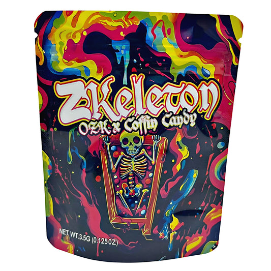 3.5G Mylar Bags, Cannabis Mylar Bags, Where to buy mylar bags, Custom mylar bags near me, Mylar Bags Wholesale. Colorful packaging of Z Skeleton Ozk Coffin Candy with a skeleton design on a white background