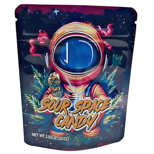 3.5G Mylar Bags, Cannabis Mylar Bags, Where to buy mylar bags, Custom mylar bags near me, Mylar Bags Wholesale. Sour Space Candy packaging with an astronaut design on a dark background