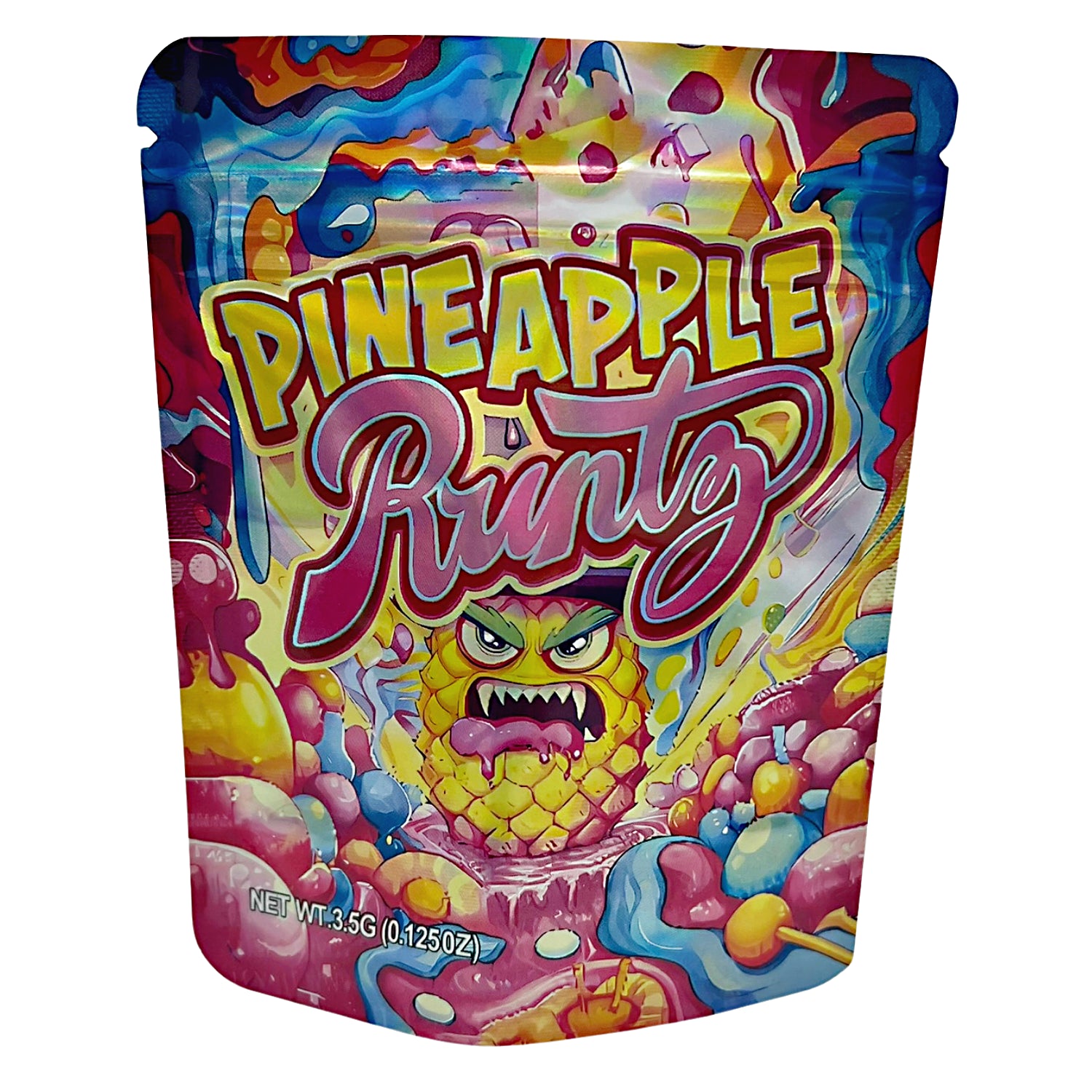 3.5G Mylar Bags, Cannabis Mylar Bags, Where to buy mylar bags, Custom mylar bags near me, Mylar Bags Wholesale. Colorful packaging of Pineapple Runtz candy with a cartoon pineapple character on a white background.