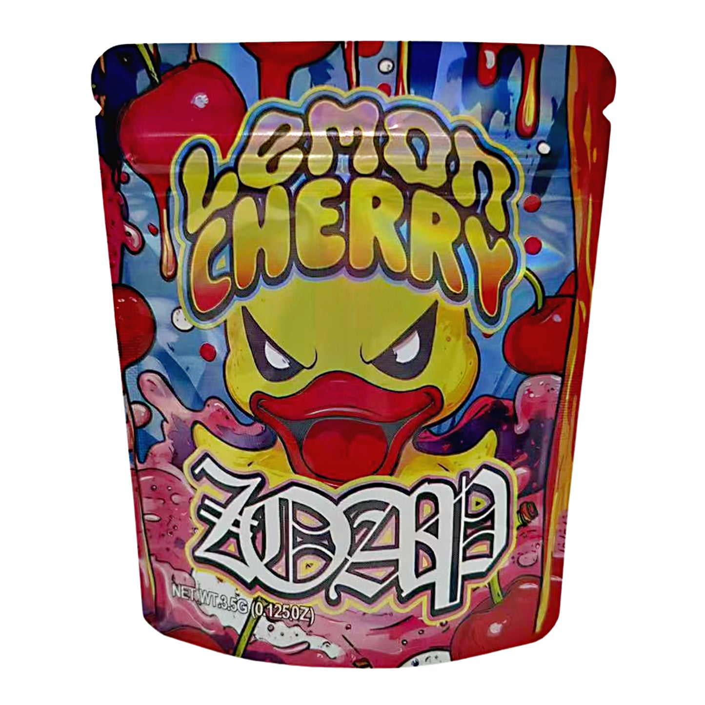 3.5G Mylar Bags, Cannabis Mylar Bags, Where to buy mylar bags, Custom mylar bags near me, Mylar Bags Wholesale. Colorful packaging of Lemon Cherry Zobap with cartoon character on a white background