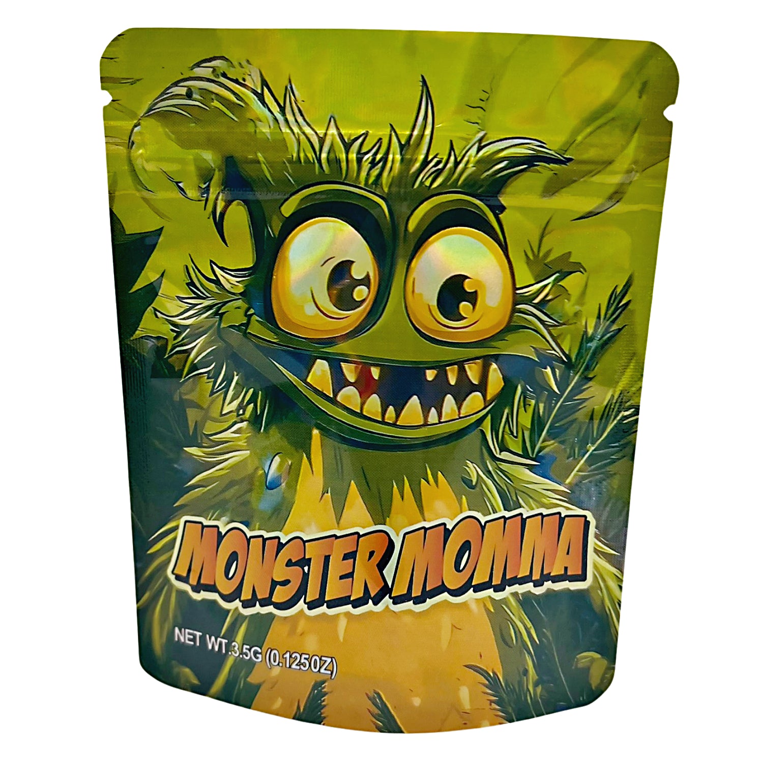 3.5G Mylar Bags, Cannabis Mylar Bags, Where to buy mylar bags, Custom mylar bags near me, Mylar Bags Wholesale. Green packaging with a cartoon monster face and 'Monster Momma' text on a white background