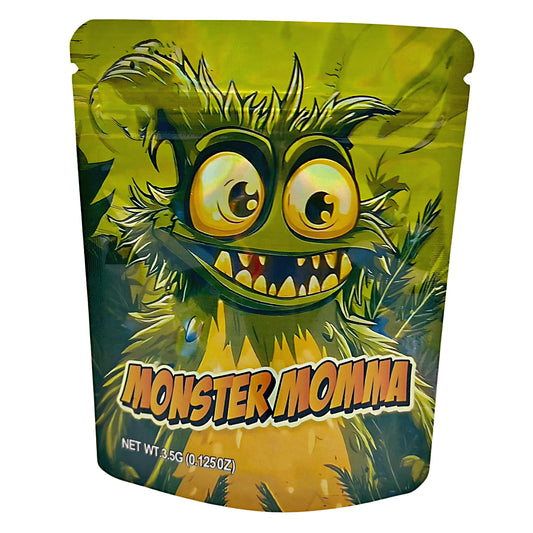 3.5G Mylar Bags, Cannabis Mylar Bags, Where to buy mylar bags, Custom mylar bags near me, Mylar Bags Wholesale. Green packaging with a cartoon monster face and 'Monster Momma' text on a white background