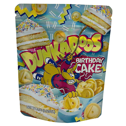3.5G Mylar Bags, herb Mylar Bags, Where to buy mylar bags, Custom mylar bags near me, Mylar Bags Wholesale. Dunkaroos Birthday Cake flavor packaging with cartoon character and birthday-themed design.