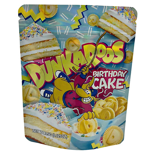 3.5G Mylar Bags, Cannabis Mylar Bags, Where to buy mylar bags, Custom mylar bags near me, Mylar Bags Wholesale. Dunkaroos Birthday Cake flavor packaging with cartoon character and birthday-themed design.