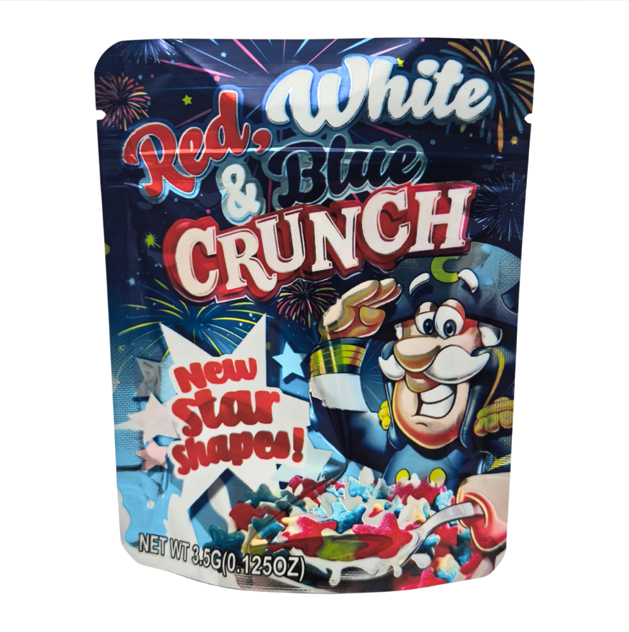 50 Pack - 3.5g Exotic Mylar Bags - Red, White & Blue Crunch Cereal