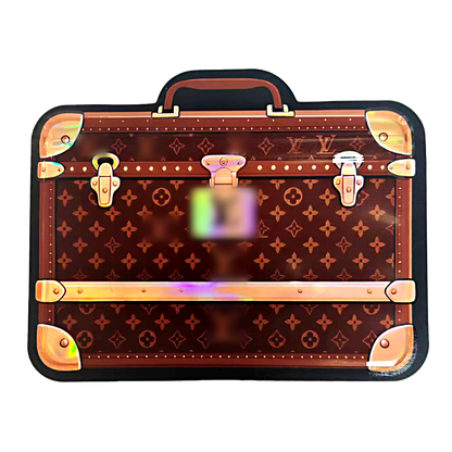 Suitcase Mylar bag 3.5g, herb Mylar Bags, Where to buy mylar bags, Custom mylar bags near me, Mylar Bags Wholesale. Brown suitcase with gold accents and a visible brand logo on a white background