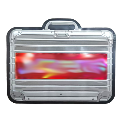 Mylar Bags Silver briefcase with colorful design on a white background