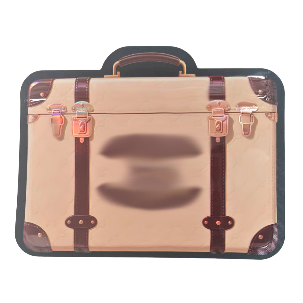 Mylar Bags  Beige suitcase with brown straps on a white background