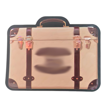 Mylar Bags  Beige suitcase with brown straps on a white background