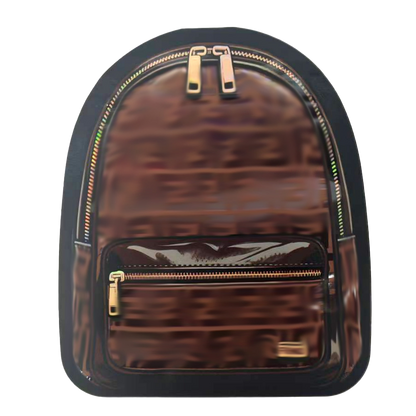 Mylar Bags Backpack with brown pattern and gold zippers on a white background