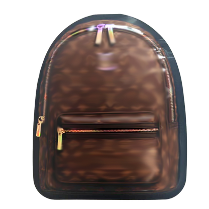 Mylar Bags  Brown backpack with gold zippers on a white background