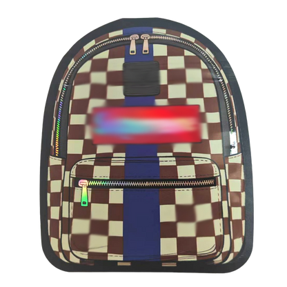 Checkered Mylar Bags backpack with colorful accents on a white background