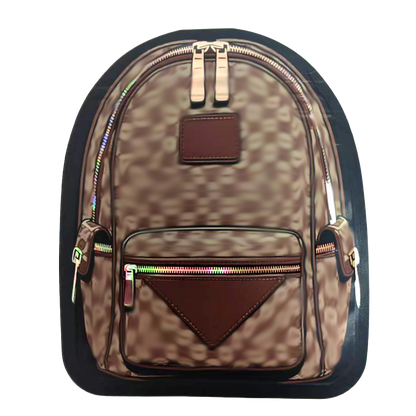 Mylar Bag Camouflage-patterned backpack with brown accents on a white background