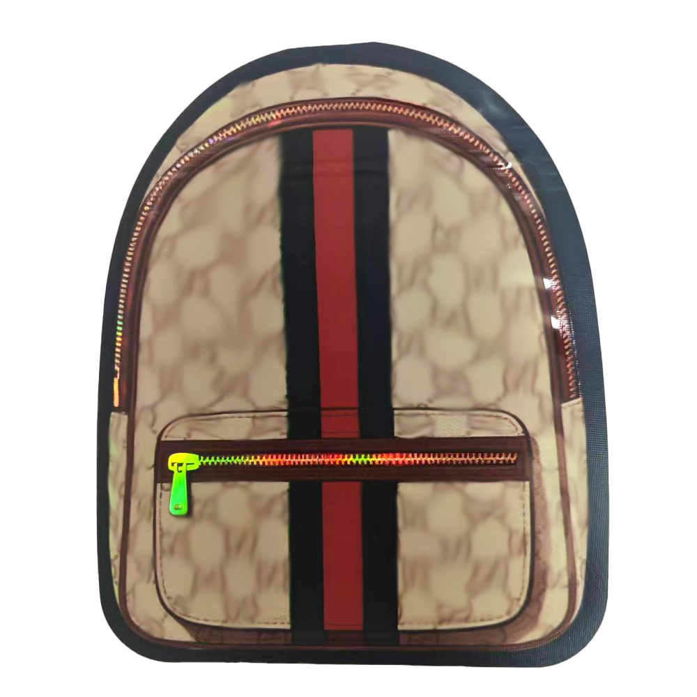 Mylar Bag Beige backpack with red and black stripes on a white background