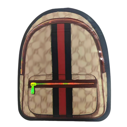 Mylar Bag Beige backpack with red and black stripes on a white background